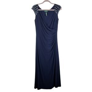 Lauren Ralph Lauren Evening Dress Maxi Navy Beaded Shoulders V-Neck Drape Sz 12